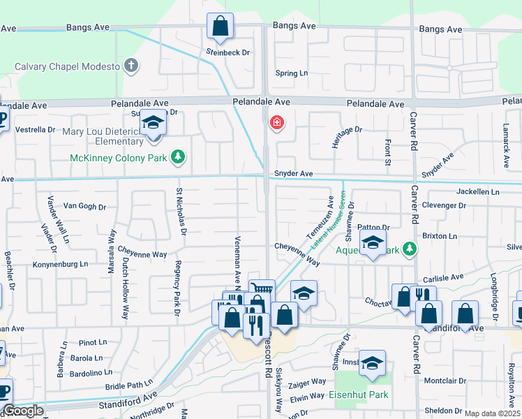 map of restaurants, bars, coffee shops, grocery stores, and more near 2101 Ottawa Court in Modesto