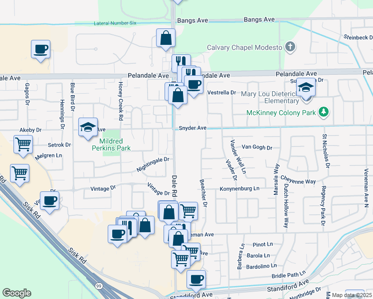 map of restaurants, bars, coffee shops, grocery stores, and more near 3900 Dale Road in Modesto