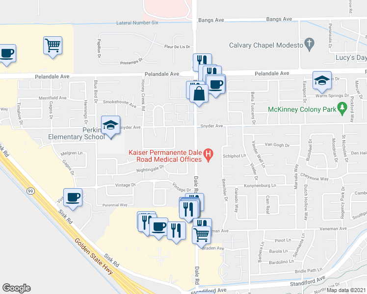map of restaurants, bars, coffee shops, grocery stores, and more near 3900 Pheasant Lane in Modesto