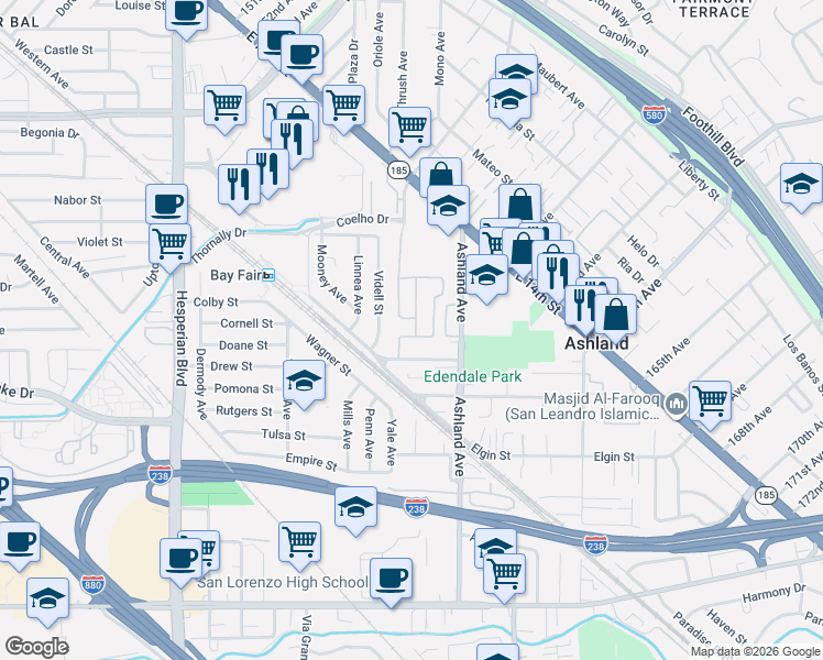 map of restaurants, bars, coffee shops, grocery stores, and more near 16222 Silverleaf Drive in San Lorenzo