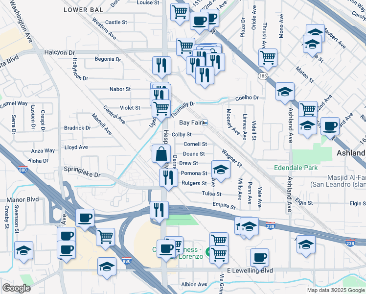 map of restaurants, bars, coffee shops, grocery stores, and more near 527 Doane Street in San Lorenzo