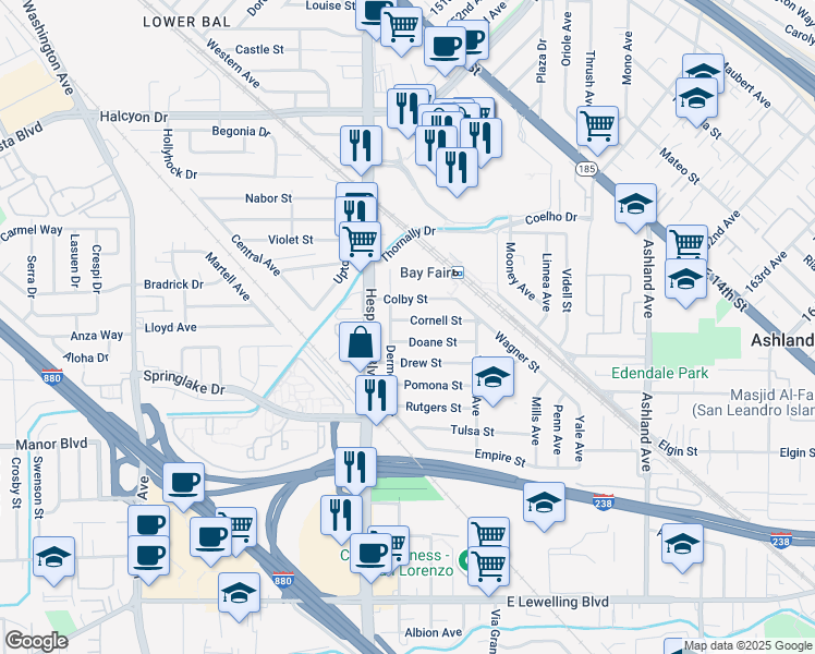 map of restaurants, bars, coffee shops, grocery stores, and more near 527 Doane Street in San Lorenzo