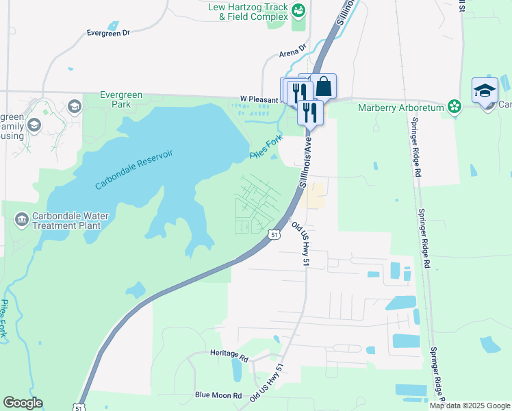 map of restaurants, bars, coffee shops, grocery stores, and more near 500 Saluki Boulevard in Carbondale