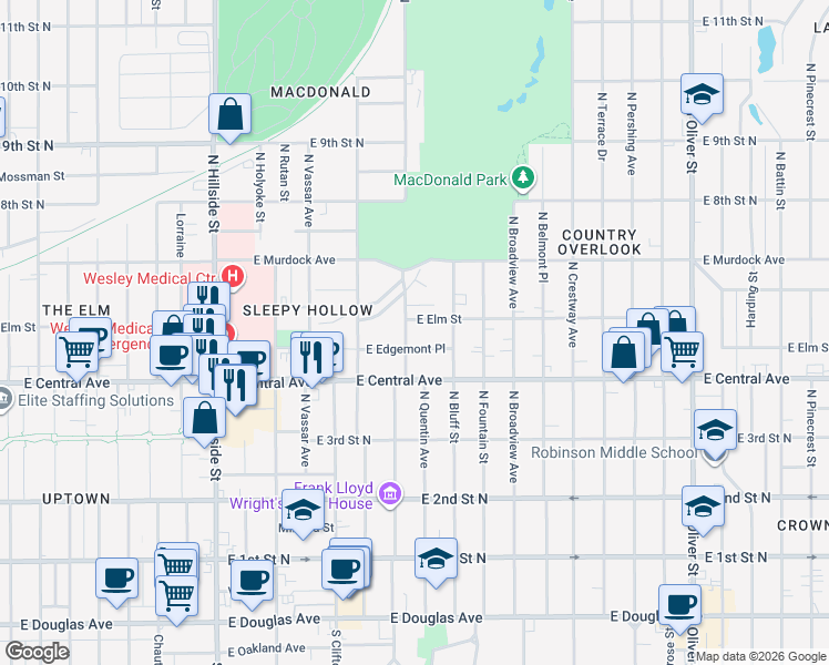 map of restaurants, bars, coffee shops, grocery stores, and more near 540 N Roosevelt Ave in Wichita