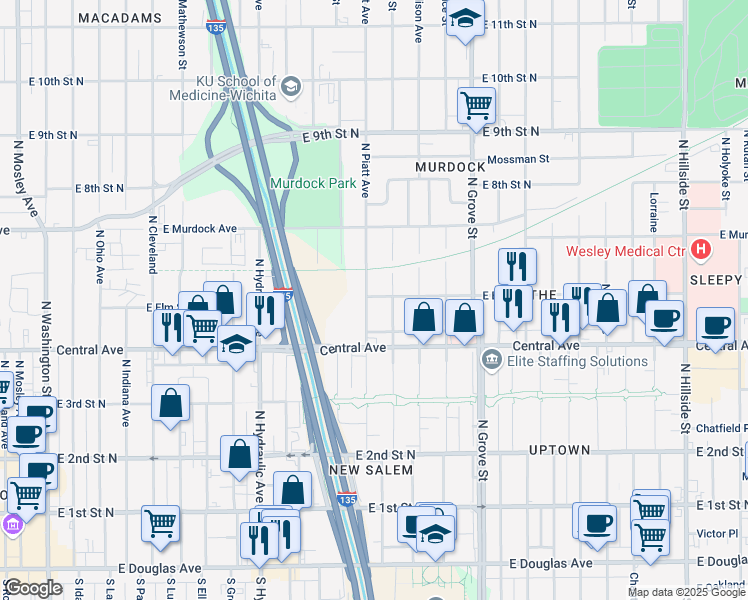 map of restaurants, bars, coffee shops, grocery stores, and more near 548 N Piatt St in Wichita