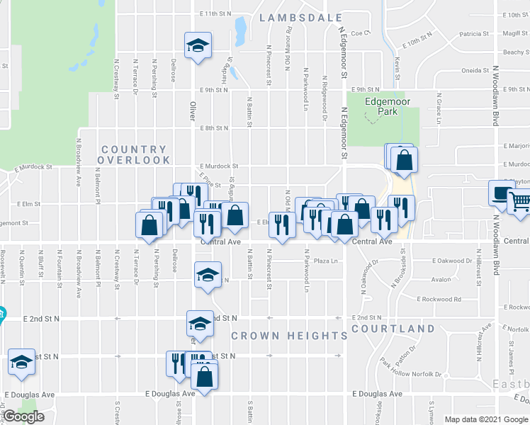 map of restaurants, bars, coffee shops, grocery stores, and more near 615 North Pinecrest Street in Wichita