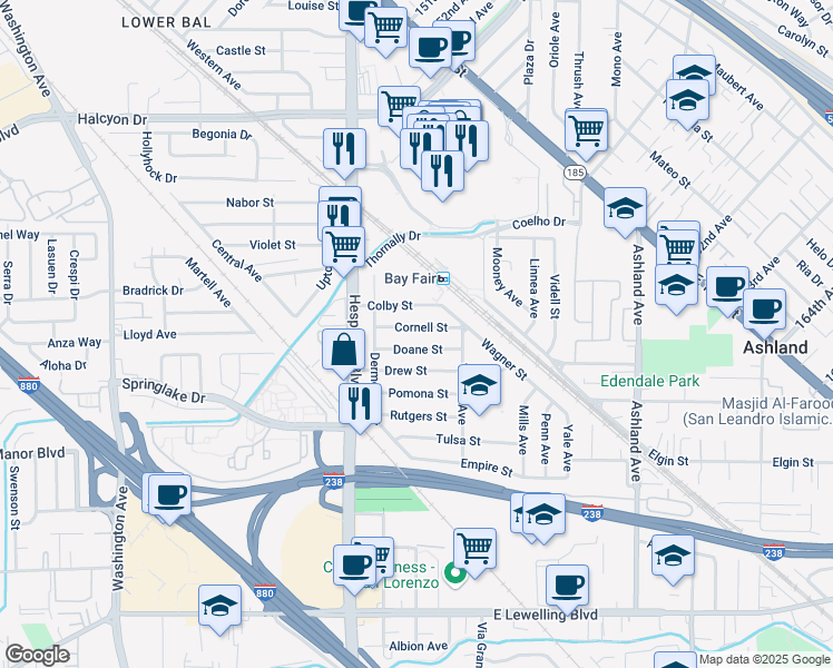 map of restaurants, bars, coffee shops, grocery stores, and more near 559 Doane Street in San Lorenzo