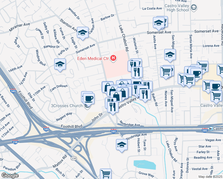 map of restaurants, bars, coffee shops, grocery stores, and more near 20378 Stanton Avenue in Castro Valley