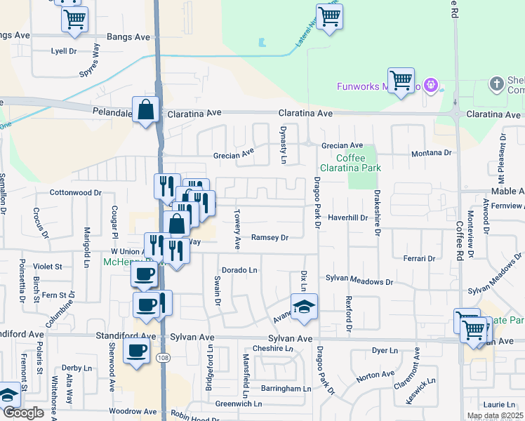 map of restaurants, bars, coffee shops, grocery stores, and more near 504 Coralwood Road in Modesto