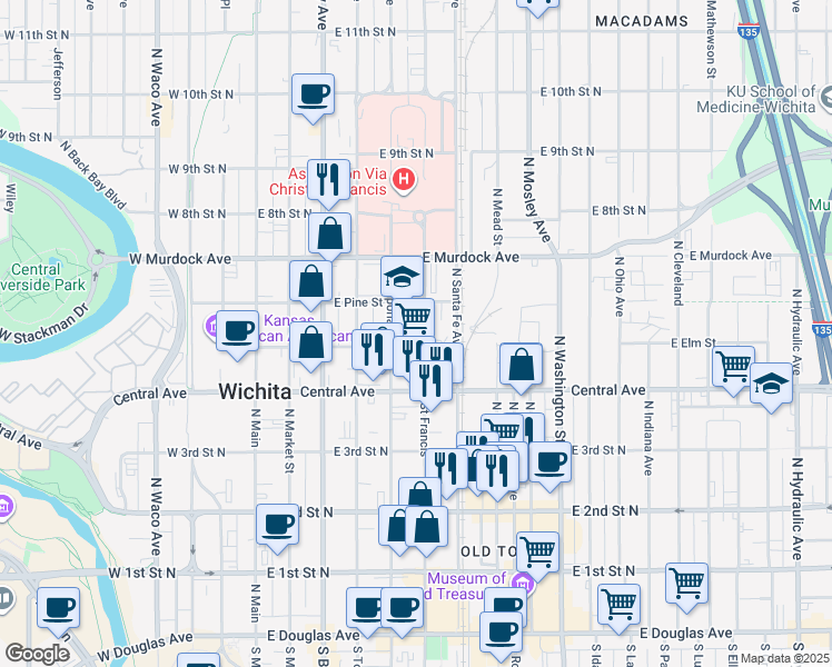 map of restaurants, bars, coffee shops, grocery stores, and more near 609 Saint Francis in Wichita