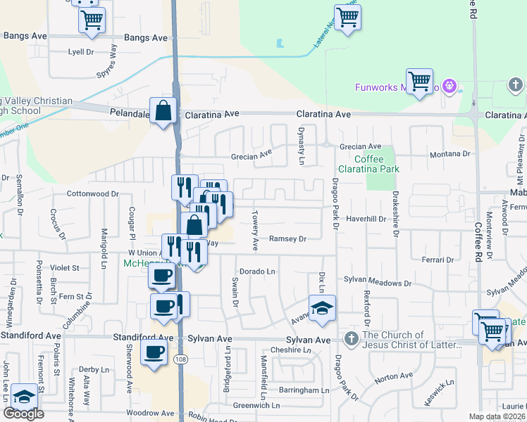 map of restaurants, bars, coffee shops, grocery stores, and more near 408 Coralwood Road in Modesto