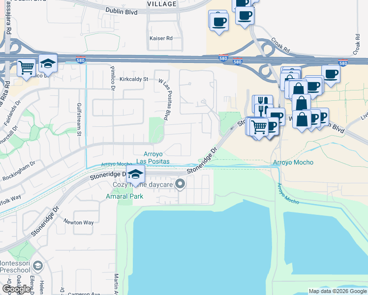 map of restaurants, bars, coffee shops, grocery stores, and more near 3019 Boardwalk Street in Pleasanton