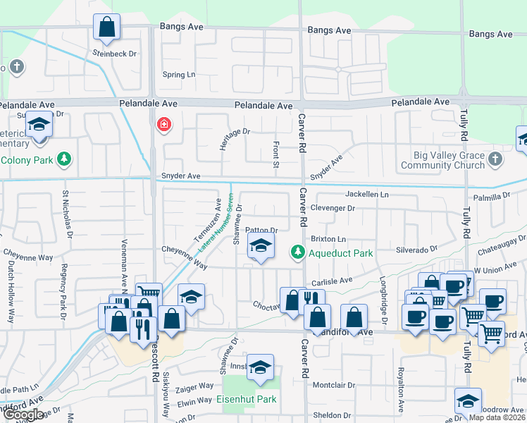 map of restaurants, bars, coffee shops, grocery stores, and more near 3901 Terhune Court in Modesto