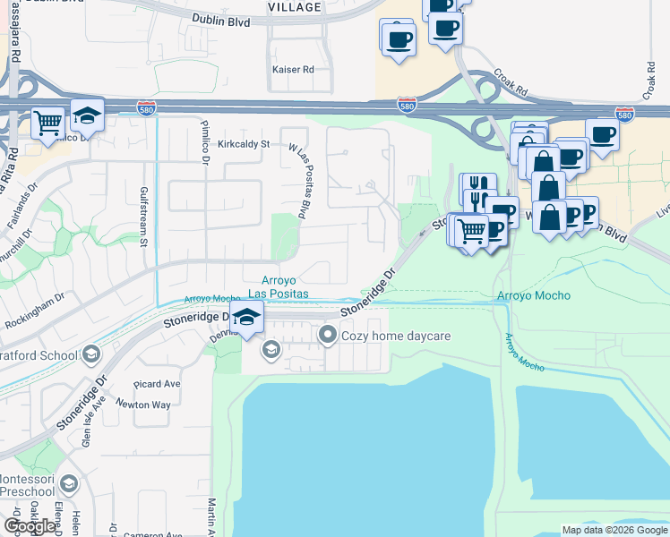 map of restaurants, bars, coffee shops, grocery stores, and more near 3019 Boardwalk Street in Pleasanton