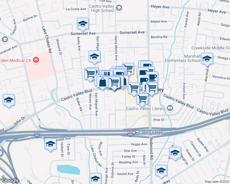 map of restaurants, bars, coffee shops, grocery stores, and more near 20822 Chester Street in Castro Valley