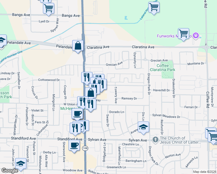map of restaurants, bars, coffee shops, grocery stores, and more near 300 Coralwood Road in Modesto