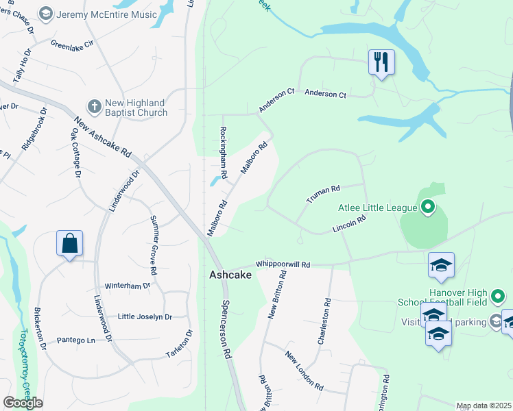 map of restaurants, bars, coffee shops, grocery stores, and more near 8558 Lincoln Road in Mechanicsville