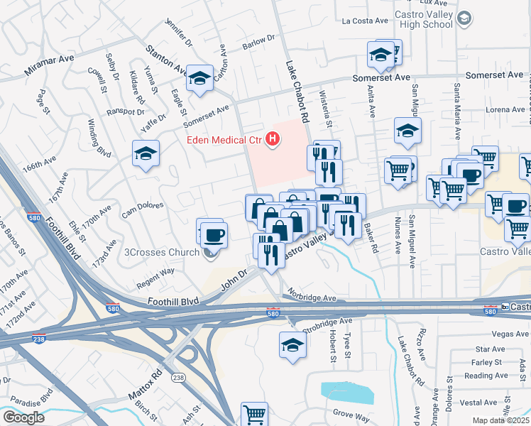 map of restaurants, bars, coffee shops, grocery stores, and more near 20444 Stanton Avenue in Castro Valley