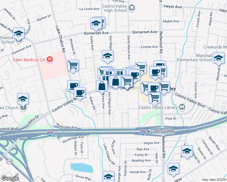 map of restaurants, bars, coffee shops, grocery stores, and more near 3137 Castro Valley Boulevard in Castro Valley