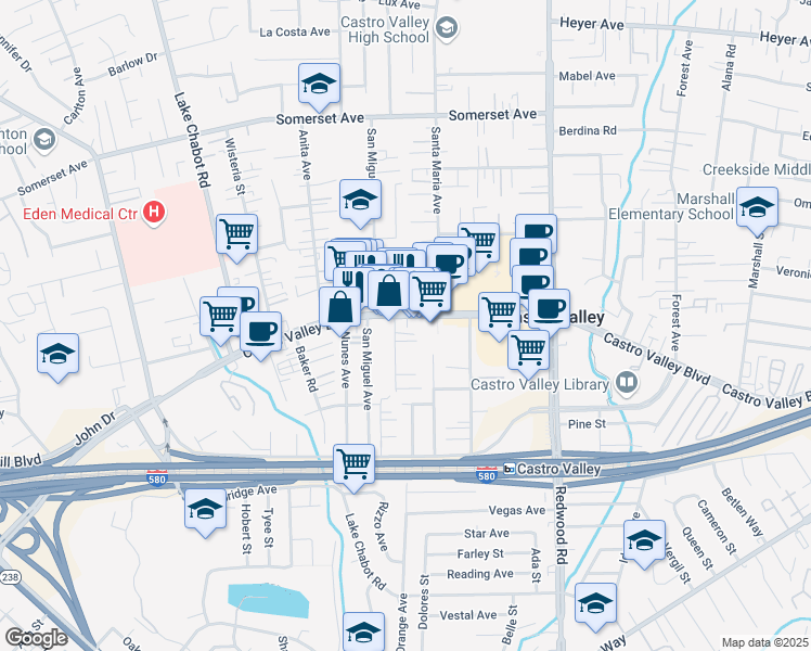 map of restaurants, bars, coffee shops, grocery stores, and more near 20821 Chester Street in Castro Valley