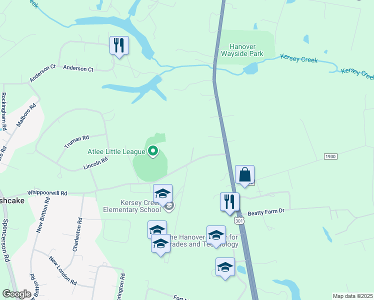 map of restaurants, bars, coffee shops, grocery stores, and more near 8254 Whippoorwill Road in Mechanicsville