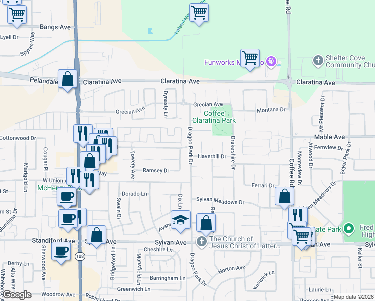 map of restaurants, bars, coffee shops, grocery stores, and more near 3836 Fensom Way in Modesto