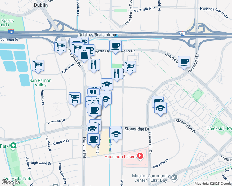 map of restaurants, bars, coffee shops, grocery stores, and more near 5934 Gibraltar Drive in Pleasanton