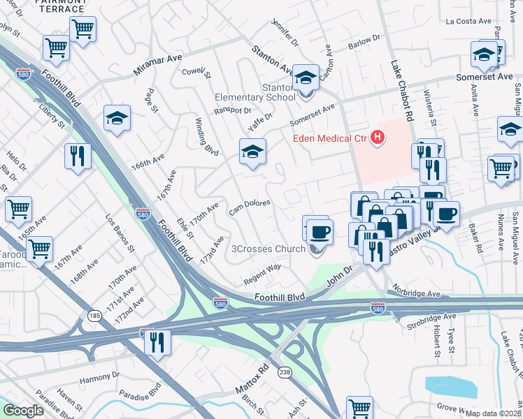 map of restaurants, bars, coffee shops, grocery stores, and more near 2321 Camino Dolores in Castro Valley