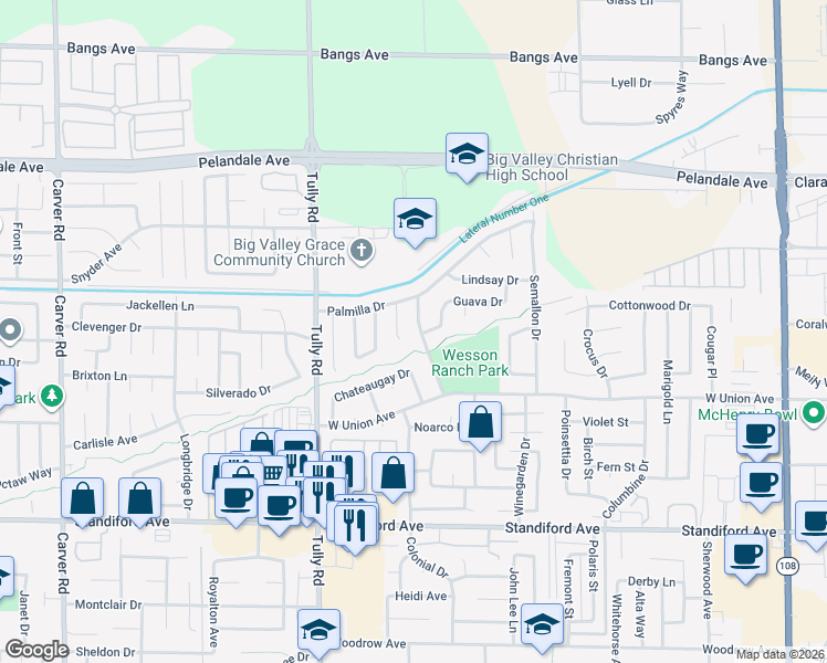 map of restaurants, bars, coffee shops, grocery stores, and more near 3829 Wesson Ranch Road in Modesto