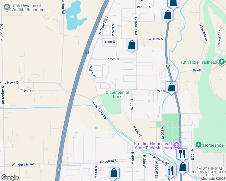 map of restaurants, bars, coffee shops, grocery stores, and more near 352 North Cedar Boulevard in Cedar City