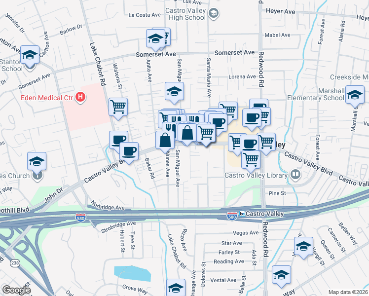 map of restaurants, bars, coffee shops, grocery stores, and more near 3137 Castro Valley Boulevard in Castro Valley