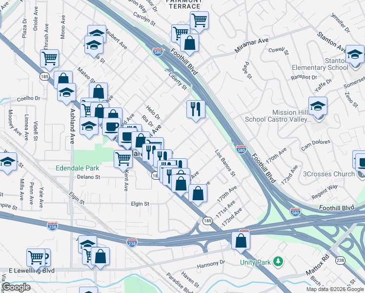 map of restaurants, bars, coffee shops, grocery stores, and more near 1540 165th Avenue in San Leandro