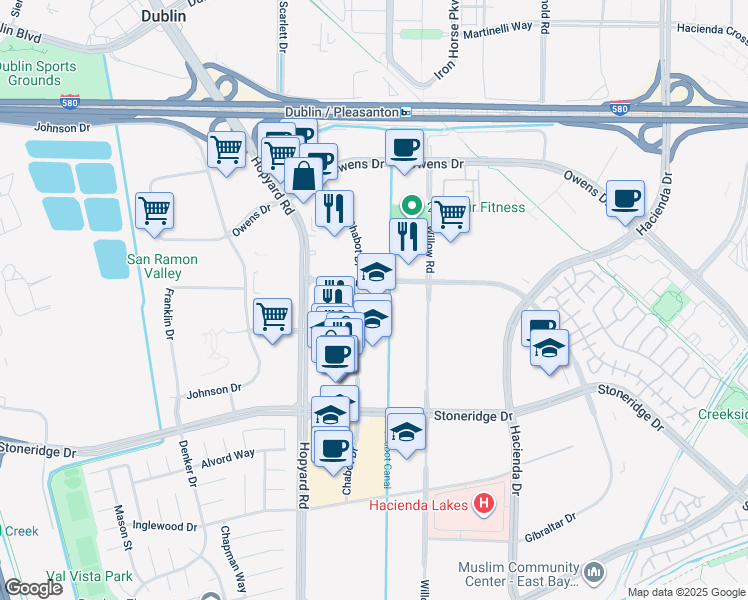 map of restaurants, bars, coffee shops, grocery stores, and more near 4695 Chabot Drive in Pleasanton