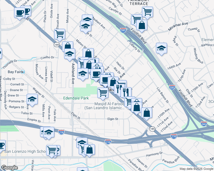 map of restaurants, bars, coffee shops, grocery stores, and more near 16378 East 14th Street in San Leandro