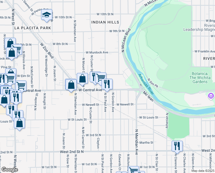 map of restaurants, bars, coffee shops, grocery stores, and more near 2838 W Central Ave in Wichita