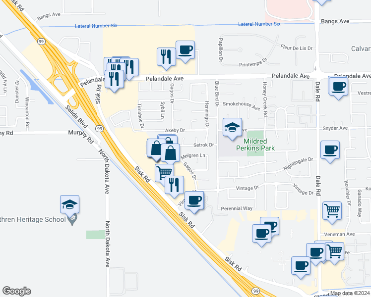 map of restaurants, bars, coffee shops, grocery stores, and more near 3508 Setrok Drive in Modesto