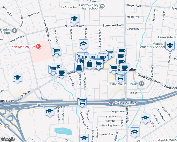 map of restaurants, bars, coffee shops, grocery stores, and more near 20821 Chester Street in Castro Valley