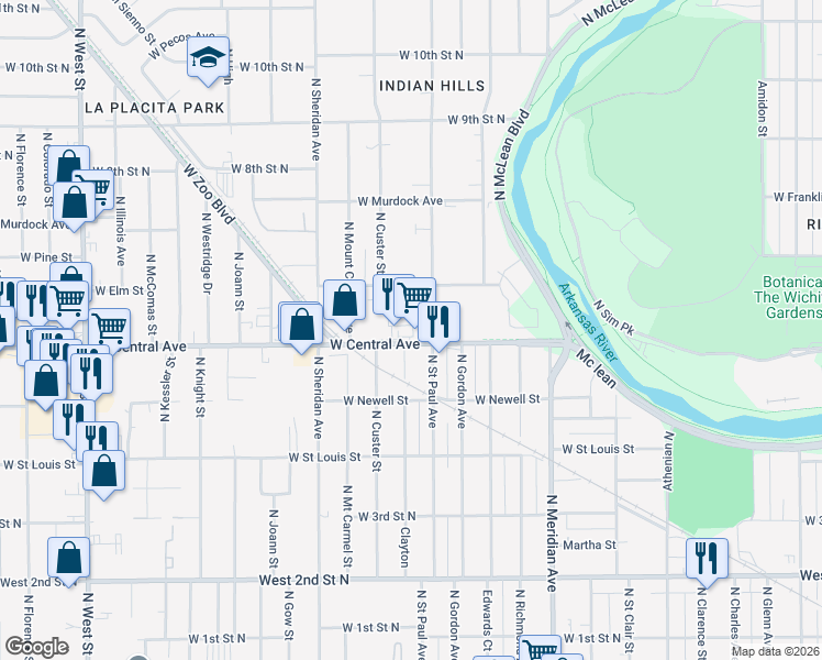 map of restaurants, bars, coffee shops, grocery stores, and more near 2940 West Central Avenue in Wichita
