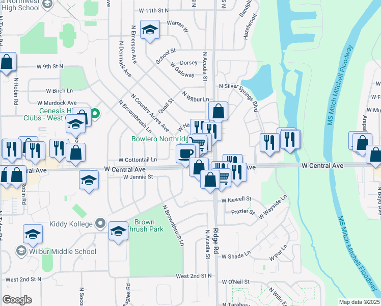 map of restaurants, bars, coffee shops, grocery stores, and more near 734 North Country Acres Avenue in Wichita