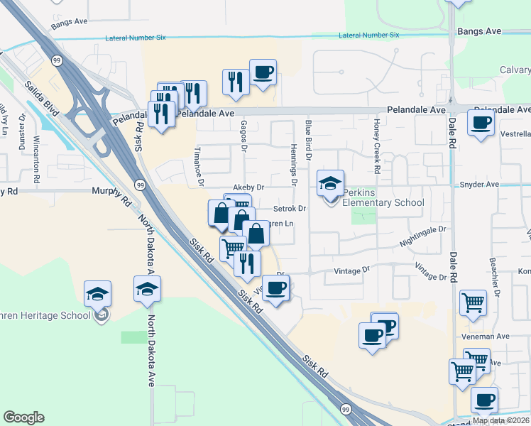 map of restaurants, bars, coffee shops, grocery stores, and more near 3832 Gagos Drive in Modesto