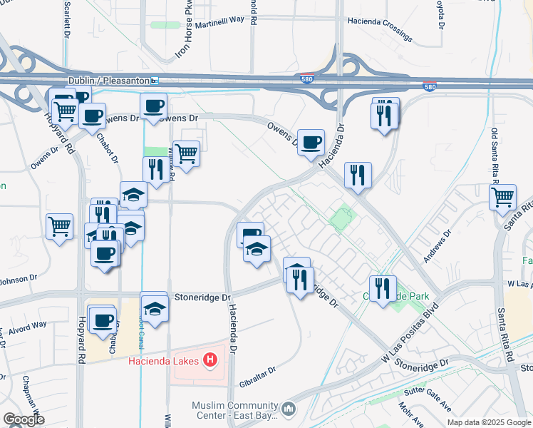 map of restaurants, bars, coffee shops, grocery stores, and more near 4169 Alba Court in Pleasanton
