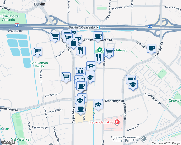 map of restaurants, bars, coffee shops, grocery stores, and more near 4695 Chabot Drive in Pleasanton