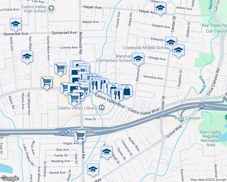 map of restaurants, bars, coffee shops, grocery stores, and more near 20672 Maria Court in Castro Valley