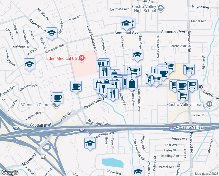 map of restaurants, bars, coffee shops, grocery stores, and more near 2770 Castro Valley Boulevard in Castro Valley