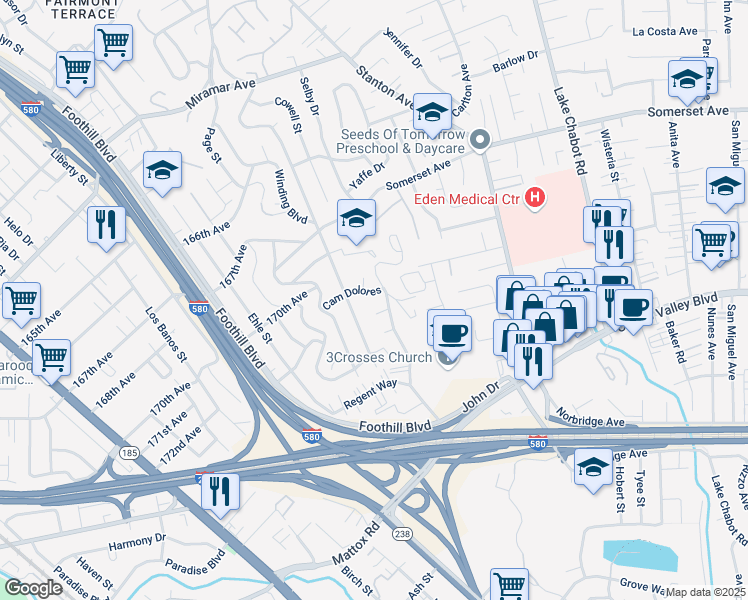 map of restaurants, bars, coffee shops, grocery stores, and more near 2308 Bentley Court in Castro Valley