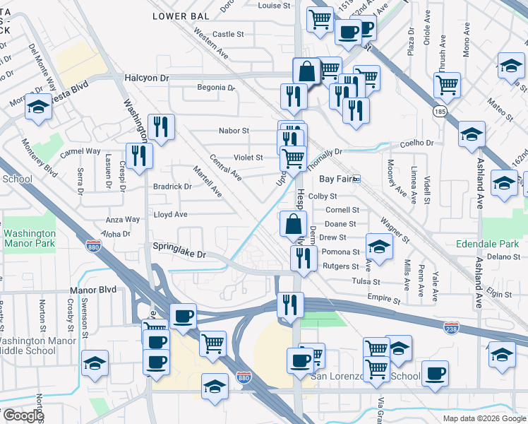 map of restaurants, bars, coffee shops, grocery stores, and more near 15267 Hesperian Boulevard in San Leandro