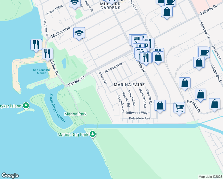 map of restaurants, bars, coffee shops, grocery stores, and more near 2484 Bermuda Avenue in San Leandro