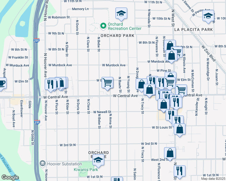 map of restaurants, bars, coffee shops, grocery stores, and more near 4710 West Central Avenue in Wichita