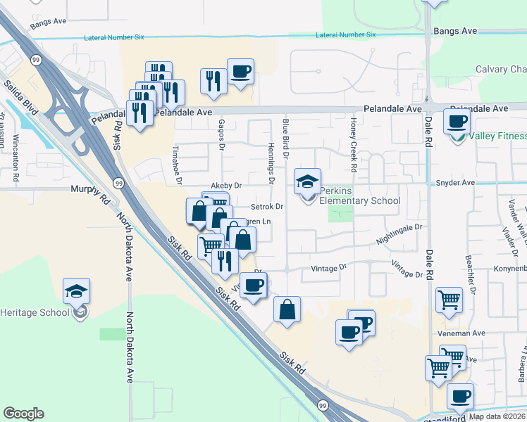 map of restaurants, bars, coffee shops, grocery stores, and more near 3501 Melgren Lane in Modesto