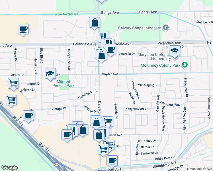map of restaurants, bars, coffee shops, grocery stores, and more near 3900 Dale Road in Modesto